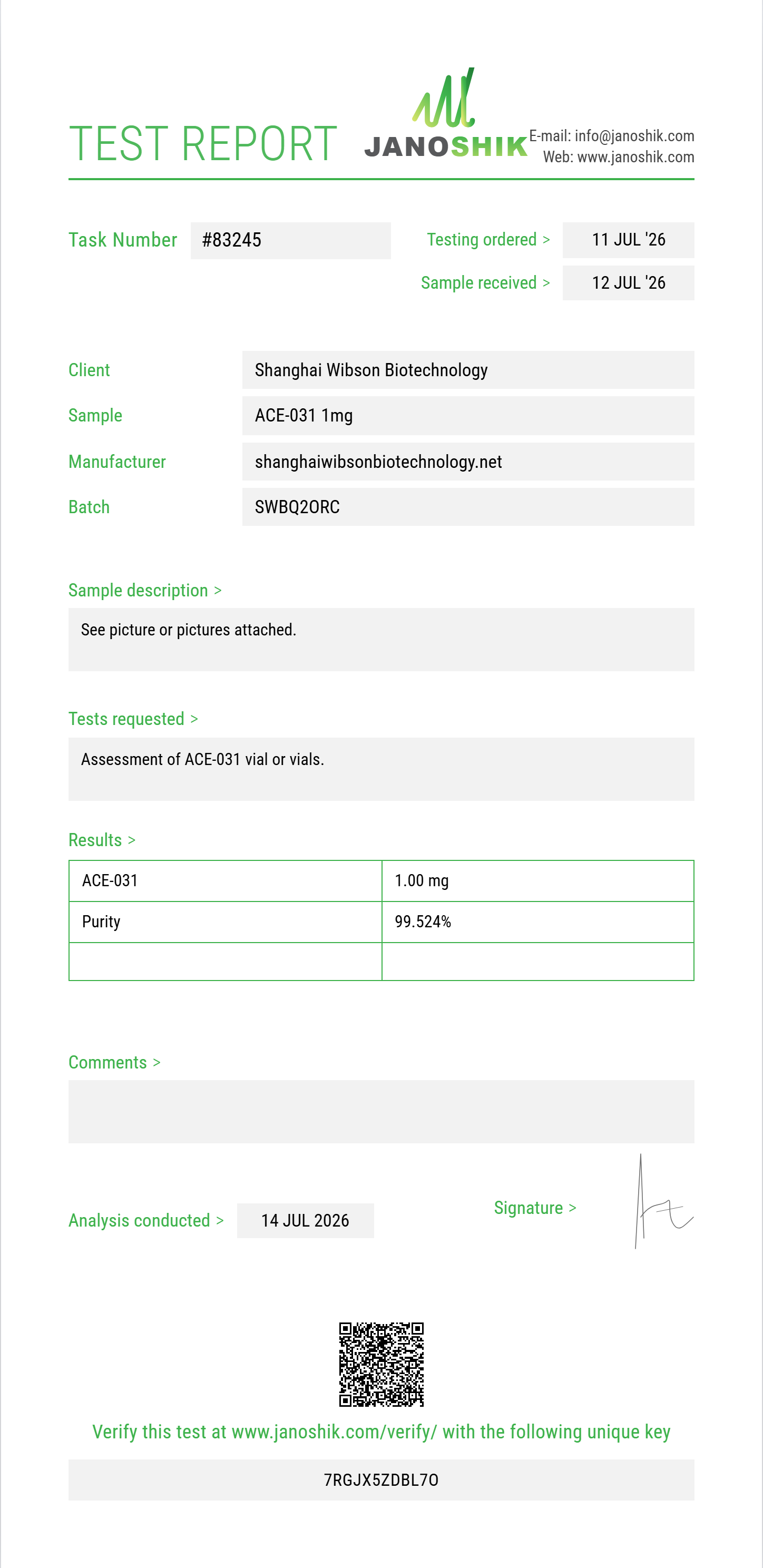 ACE-031 Purity (HPLC) report by Janoshik Analytical