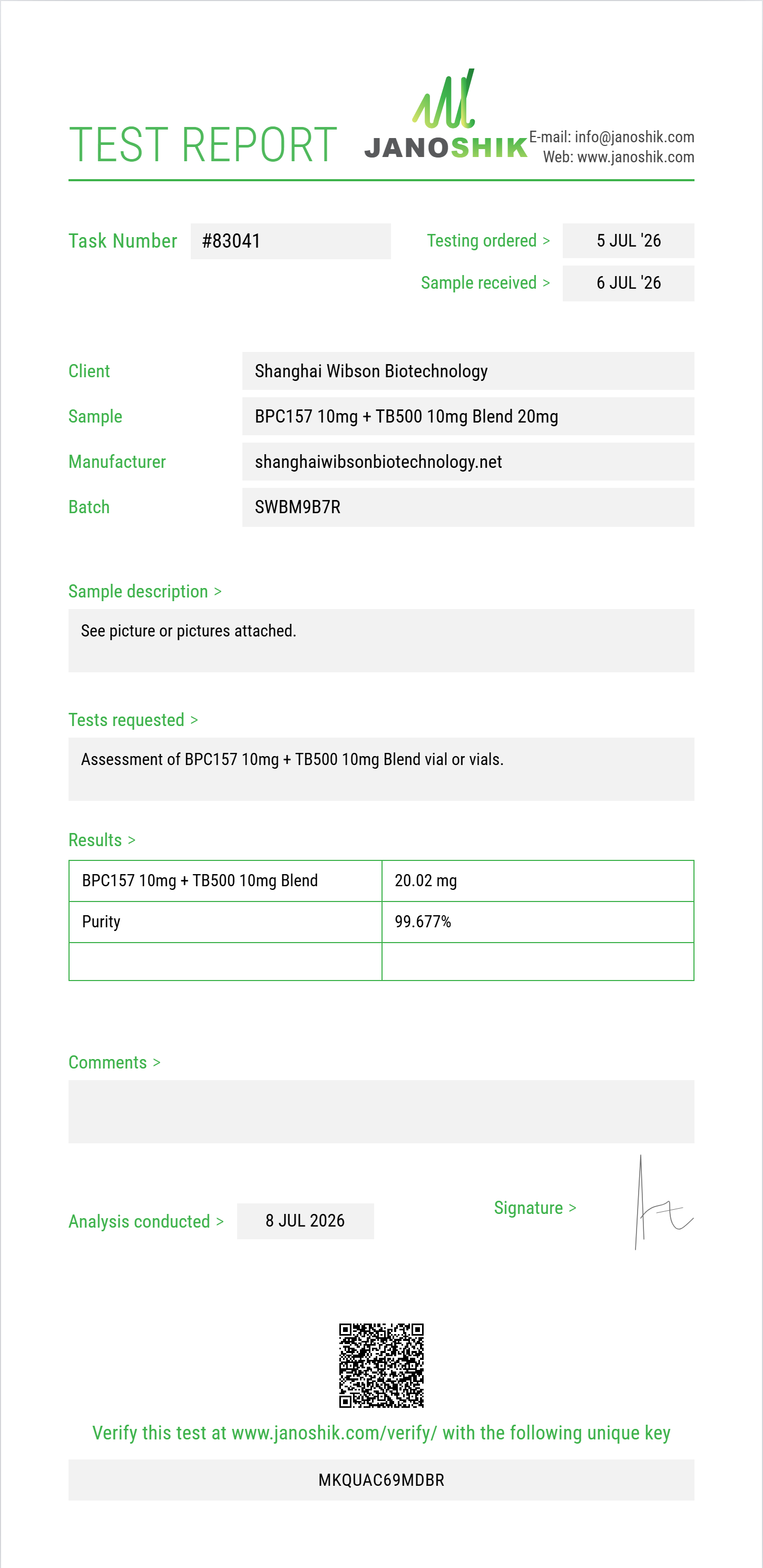 BPC157 10mg + TB500 10mg Blend Purity (HPLC) report by Janoshik Analytical