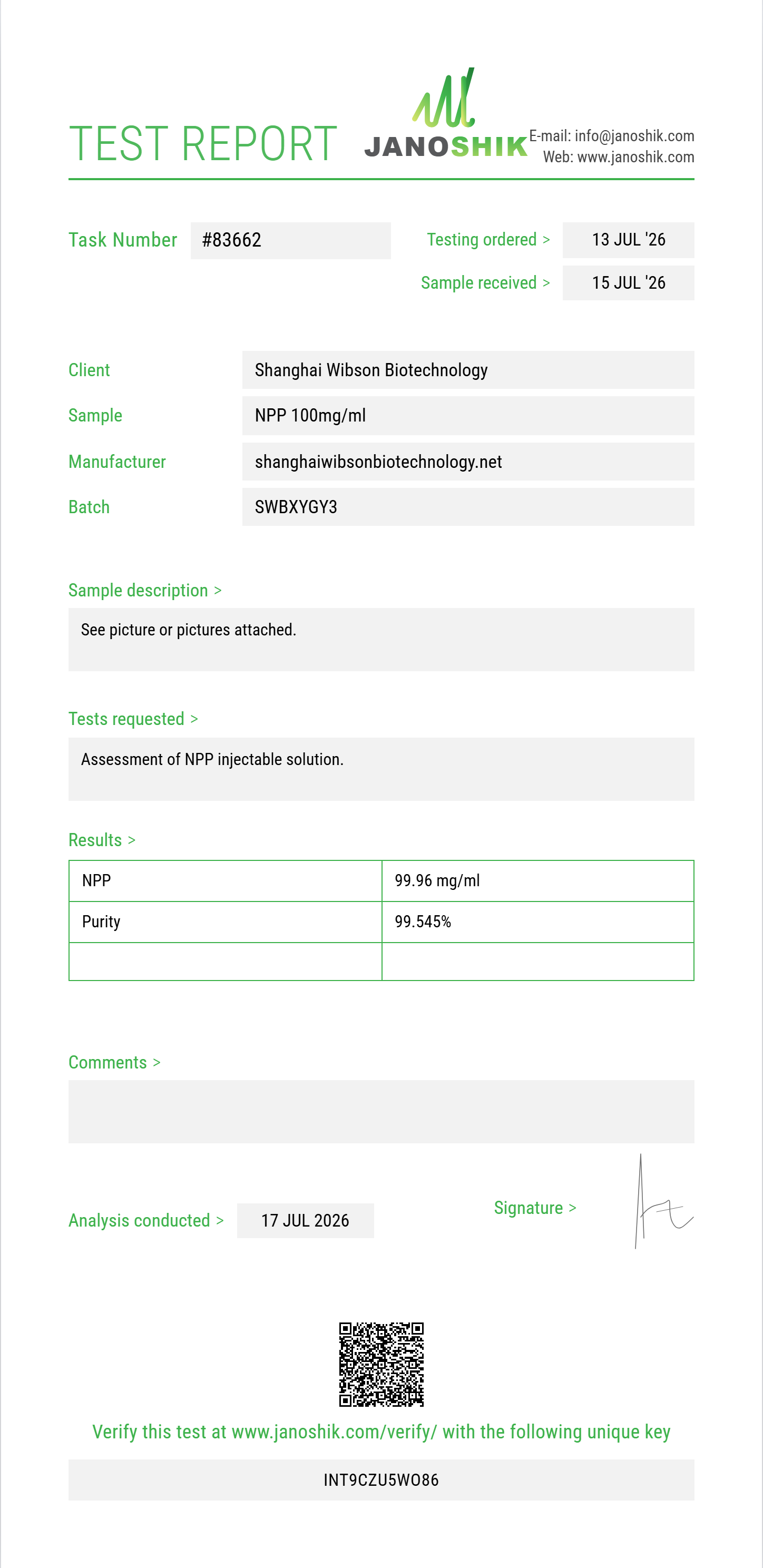 NPP Purity (HPLC) report by Janoshik Analytical