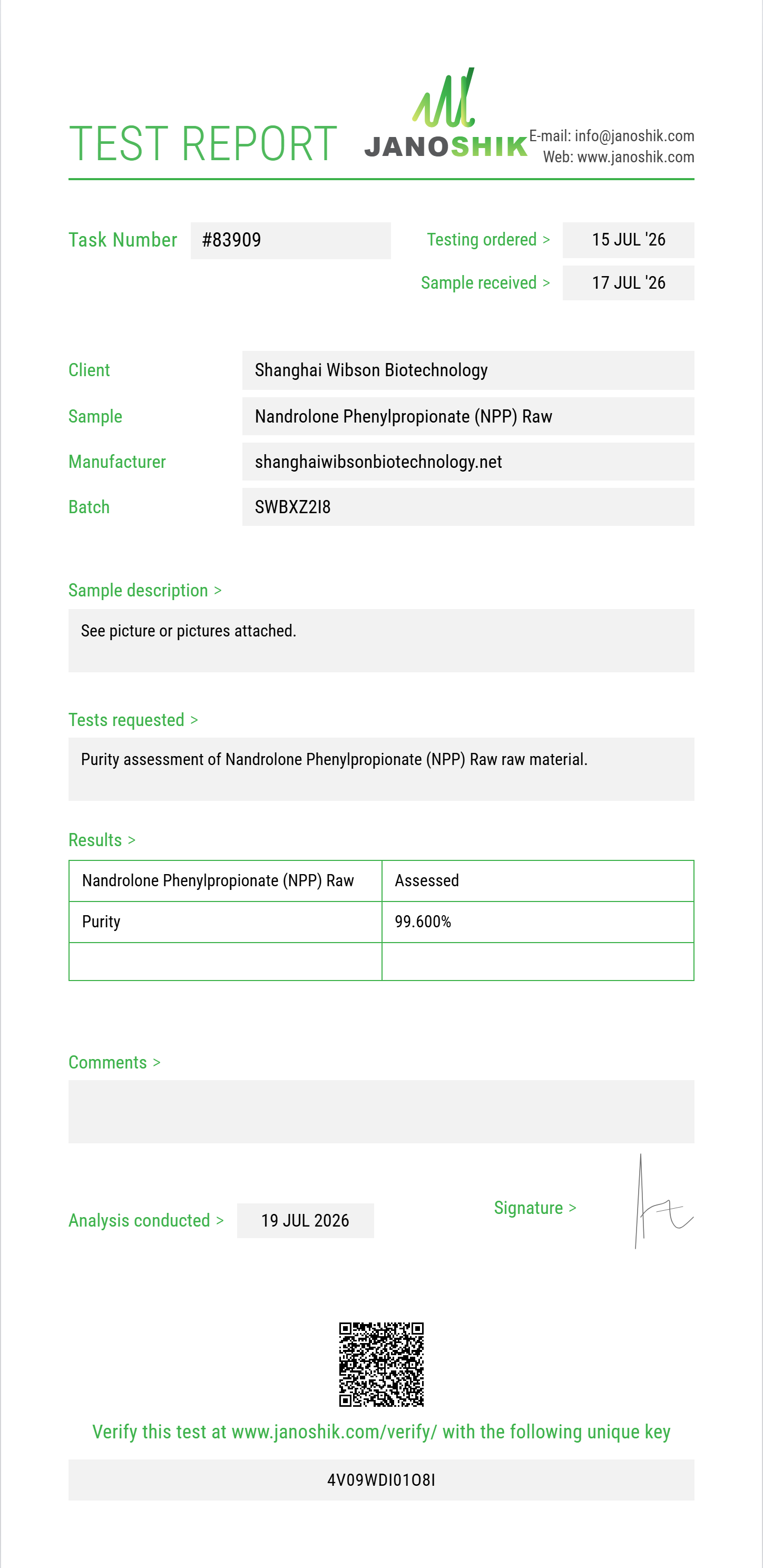 Nandrolone Phenylpropionate (NPP) Raw Purity (HPLC) report by Janoshik Analytical