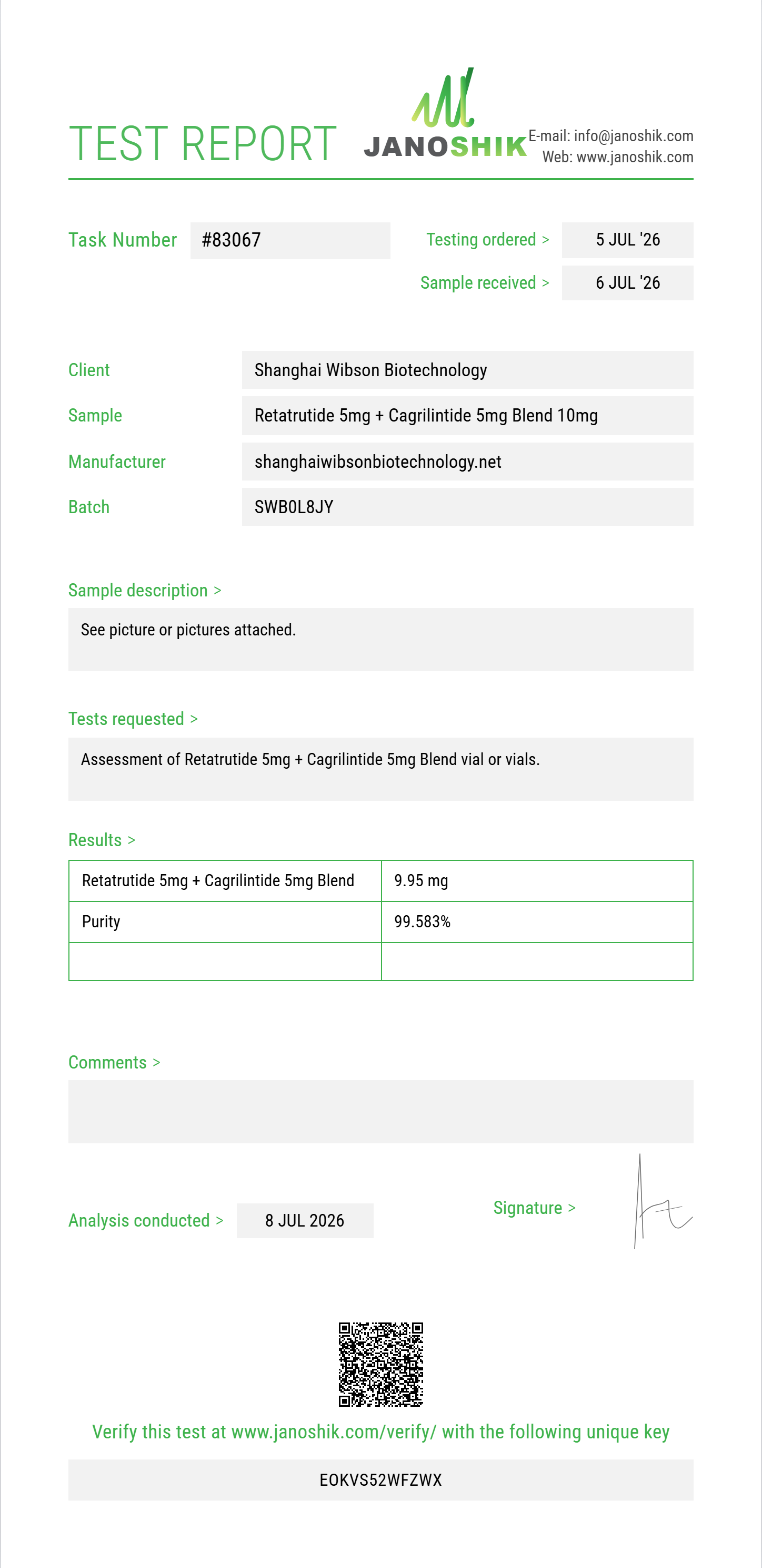 Retatrutide 5mg + Cagrilintide 5mg Blend Purity (HPLC) report by Janoshik Analytical
