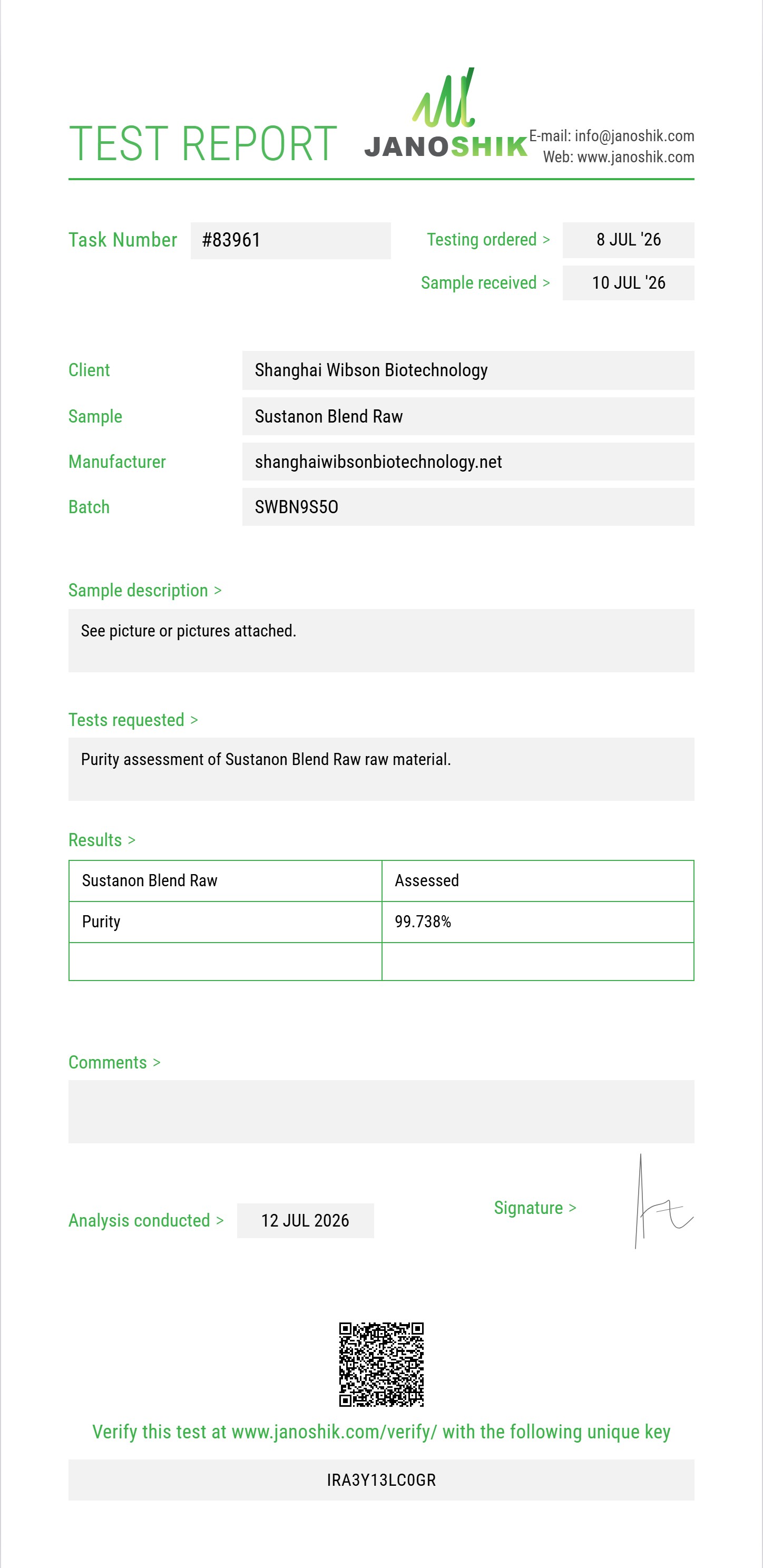 Sustanon Blend Raw Purity (HPLC) report by Janoshik Analytical