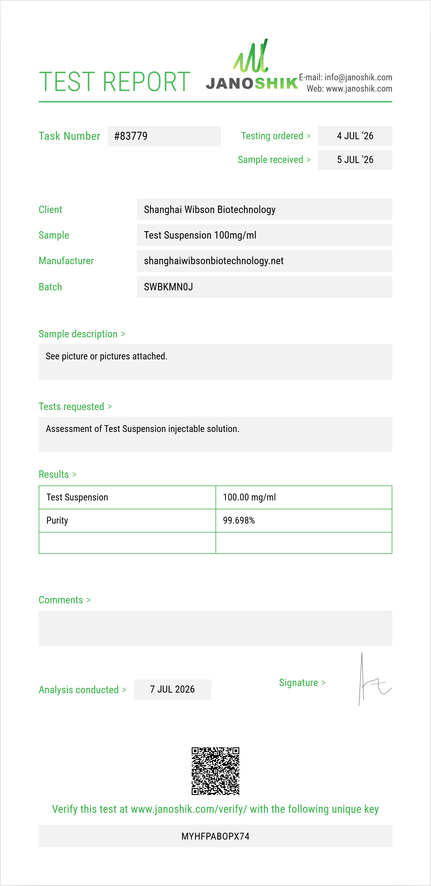 Test Suspension Purity (HPLC) report by Janoshik Analytical