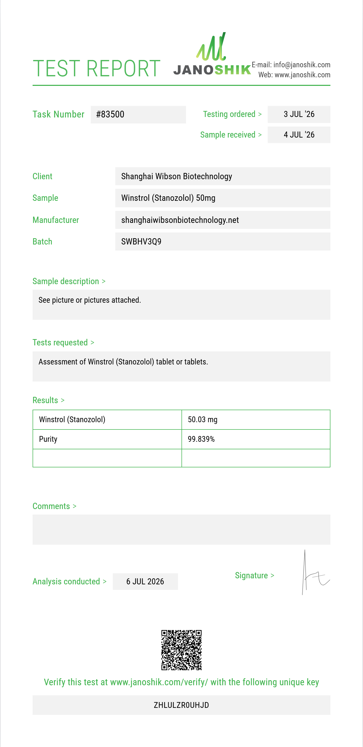 Winstrol (Stanozolol) Purity (HPLC) report by Janoshik Analytical