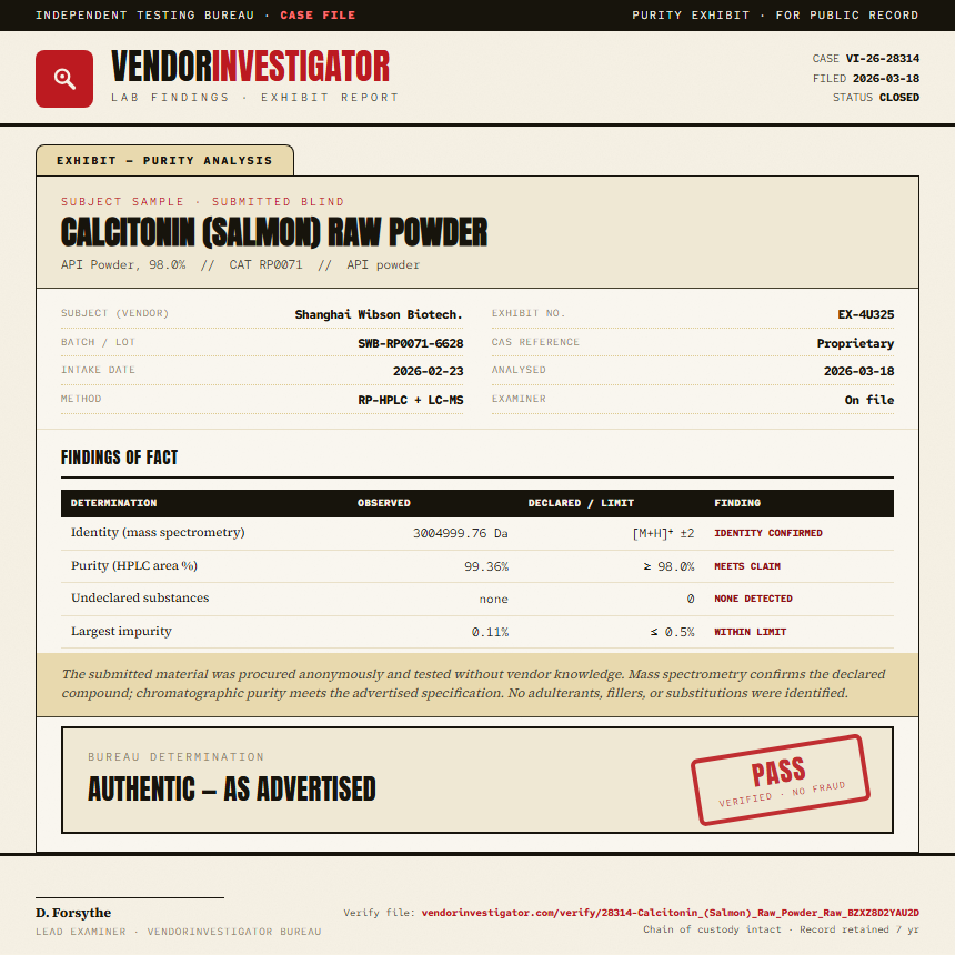 Calcitonin (Salmon) Raw Powder Purity (HPLC) report by VendorInvestigator