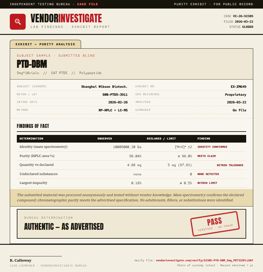 PTD-DBM Purity (HPLC) report by VendorInvestigate