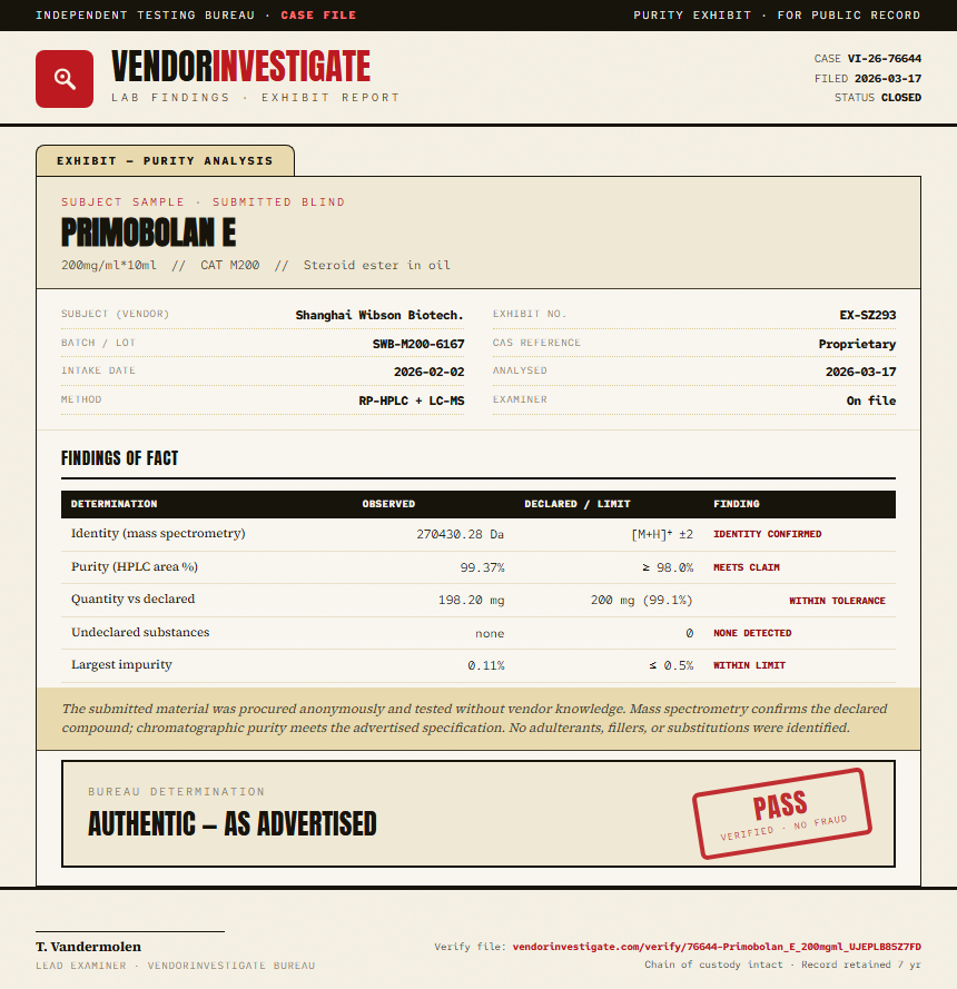 Primobolan E Purity (HPLC) report by VendorInvestigate