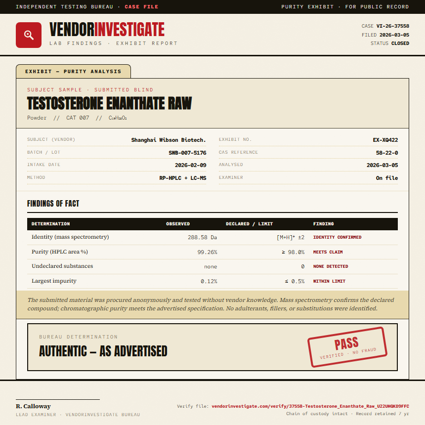 Testosterone Enanthate Raw Purity (HPLC) report by VendorInvestigate